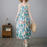 Fongt Summer New Literary And Art Large Print Cotton Dress Women's National Style Sleeveless Slings Long