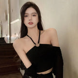 Women Tank Tops Solid Color Halter Sweet Camisole Slim Sexy Exposed Navel Crop Top-Outfit