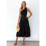 Fongt And Summer 2023 New Single Shoulder Knot Solid Color Fresh And Sweet Long Dress 22004-Outfit