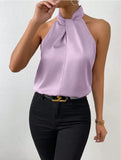 Fongt Women's Clothing 2025 Summer New Color Clove Hanging Neck Sleeveless Vest Ribbon Simulation Silk Top