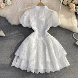 Fongt Summer Retro Temperament Elegant Collar Single Buckle White Lace Embroidery A Word Cake Dress