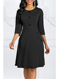Women Spring Autumn Solid A-Line Dress Single-Breasted Design Pockets Decor O-Neck Three Quarter Sleeve High Waist Slim