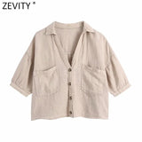 Women Fashion Candy Color Double Pockets Loose Linen Smock Blouse Lady Buttons Short Shirt Chic Kimono Blusas Tops