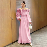 2025 Spring New Fashion Temperament Shoulder Three-Dimensional Flowers Splicing Design Lantern Sleeve Long Dress