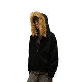 Fongt Selling Vintage Fur Collar Couple Hooded Zip Open-Air Jacket Oversize Design Niche Coat