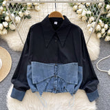 Fongt Dress Korean Fashion Design With Bow Denim Spliced Long-Sleeved Shirt Women Loose Shirt Top
