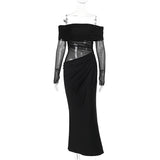 Fongt Summer 2024 New Long Dress Temperament Sexy Shoulder Mesh Yarn Hollow Dress