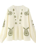 Fongt Spring V-Neck Lantern Sleeves National Style Embroidery Shirt Trend Sleeves
