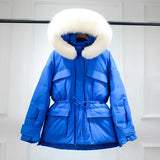 Huge Real Raccoon Fur Hooded Waterproof Winter Duck Down Jacket Women Fashion Female Parkas Sash Tie Up Puffer