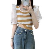 Fongt Bump Striped Short-Sleeved Knitted Shirt Women's Thin Summer Design Sense Of Small Unique Special Loose