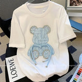 Embroidery Bear Diamond T Shirts Cute Cartoon Summer Tee Tops High Quality Cotton Short Sleeve Kawaii Clothes Korean 2023-Outfit