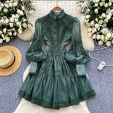 Fongt Court Lantern Sleeve Dress Girl Spring Hook Flower Embroidery Design Famous Light Luxury Royal Sister Temperament Dress