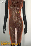 Rhinestones See Through Mini Dress Sexy Sleeveless Fishnet Hollow Out Dresses Women Summer Beach Sexy Cover