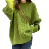 Fongt Green Pure Color Fresh Sweet Twist Sweater Knitting 2024 Autumn And Winter New Korean Retro Advanced-Outfit