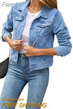 Women's Short Denim Jackets Fashion Female Casual Long Sleeve Lapel Solid Button Pocket Slim Jean Jacket Fall Winter