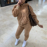 Tracksuits Casual Plush Warm Fluffy Suits Women's Long Sleeve Hooded Sweatshirt Hoodie Long Sporty 2 Piece