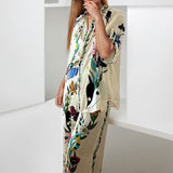 Fongt 2025 Women's Fashion Print Collar Single Row Buckle Trousers Casual Fashion Set