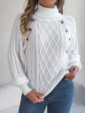 2025 Casual Solid Color Button Stung High-Collar Lantern Sleeve Sweater Women's