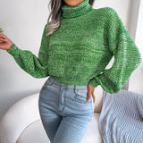 Wind Shooting 2025 Autumn And Winter Mixed Color Lantern Long-Sleeved High-Neck Knitted Sweater Women's