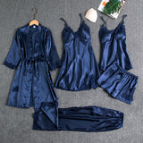 Fongt Women Summer Ice Silk Sexy Hot Home Clothes Spring And Autumn Long Sleeve Thin Large-Size Pyjamas Five-Piece Set