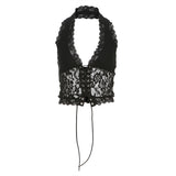 Fongt 2025 New Women's Clothing Pure Hot Lace Design V Collar Perspective Sleeveless Short Top