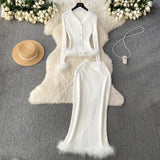 Fongt High-End Small Fragrant Style Two Sets Of Women's Atmosphere Knitted Open Fork Shirt T-Shirt
