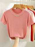 Knitted T-shirt Women Top Solid Tank Y2K Summer New Fashion Female Sleeveless Beading Casual Thin Tops 2024-Outfit