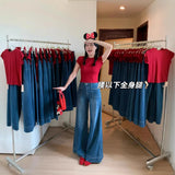 Fongt Blue Hanging Horn Jeans Women Spring And Autumn Small High-Waisted Loose Broad Legs Long Trousers