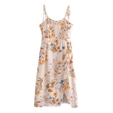 France Floral Print Adjust Lacing up Spaghetti Strap Midi Dress Sexy Women Elastic Back Hem Split Sling