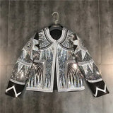 Women Shiny Jacket 2022 Silver Sequins Geometric Bomber Jackets O Neck Nationality Embroid Coat Casual Outerwear Female