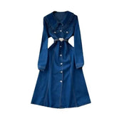 Fongt And Cooked Wind Dolls To Receive Waist Metal Buckle Temperament Casual Long Denim Dress 0011