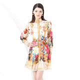 Fongt Niche Collar Single Buckle Waist Lantern Sleeve Print Pressure Folding Leaves Side Thin Chiffon Dress