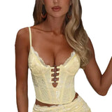 Fongt Lace Fish Bone Corset Sexy Hollow Splicing Metal Ring Short Top Lady Z0857