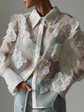 Fongt Retro Versatile Top Fall 2024 New Three-Dimensional Flower Embroidery Design Loose Mesh Perspective Shirt-Outfit