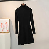 Casual Slim Warm Pit Knitted Sweater Long Sleeve Turtleneck Solid High Street Mini Party Dress 2021 Winter Fashion