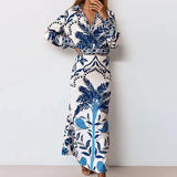 Fongt New Women's V-Neck Long-Sleeved Half-Dress Retro Print Early Spring Lazy Casual Fashion Set