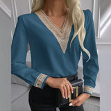 Lace Crochet Satin Silk Chiffon Shirt Women Long Sleeve Woman Blouses Tops V Neck Solid Embroidery Shirts Blusas