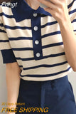 Fashion Women Tops Striped Button Turn-Down Collar Knitted Sweater Short Sleeve Ice Silk Pullover Female Sueters De