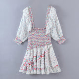 Romantic Printing Heavy Industry Laminated Lotus Leaf Pleated Bubble Sleeve Dress In Spring-Outfit