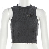 2024 Summer New Women's Fashion Trend Round-Neck Sleeveless Closed Umbilical Pocket