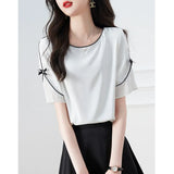 Fongt A Bow Round-Neck Short-Sleeved Chiffon Sleek Sleek Shirt For Women's New Elegant Oceanic Career In Summer 2025