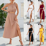 Fongt Women's Fashion Slanted Shoulder Bow Set Open Large Pendulum Dress Two Sets Of Women