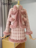 Winter Pink Warm Thick Tweed Two Piece Sets For Women High Quality Elegant Wool Blend Patchwork Plaid 2 Piece Skirt