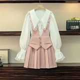 Women Autumn Sweet Straps dress two-piece set Korean Peter Pan Collar White Blouse+Spaghetti Dresses Two Piece
