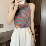 Thin Interior Hollow Retro Color Hanging Neck Knitting Top Sexy Sweet Hottie Vest Sling