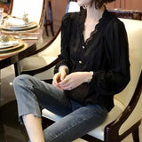 Wind Solid Color Lace Spliced Shirt Spring Autumn Long Sleeve Women's Hollow Out Chic Pearl Button Korean V-Neck Blouse-Outfit