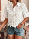 Fongt And Summer 2025 Women's New Solid-Colored Lace Shirt Hollow Women's Short-Sleeved Casual Top