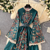 Fongt Style Retro Collar Single Buckle Horn Sleeve Long Lace Dress Women Fashion Print Long Dress