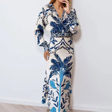 Fongt New Women's V-Neck Long-Sleeved Half-Dress Retro Print Early Spring Lazy Casual Fashion Set