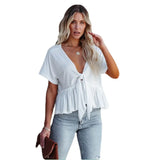Fongt Summer New Women's Pure Color Splicing Loose Short-Sleeved Strap Lotus Edge Top